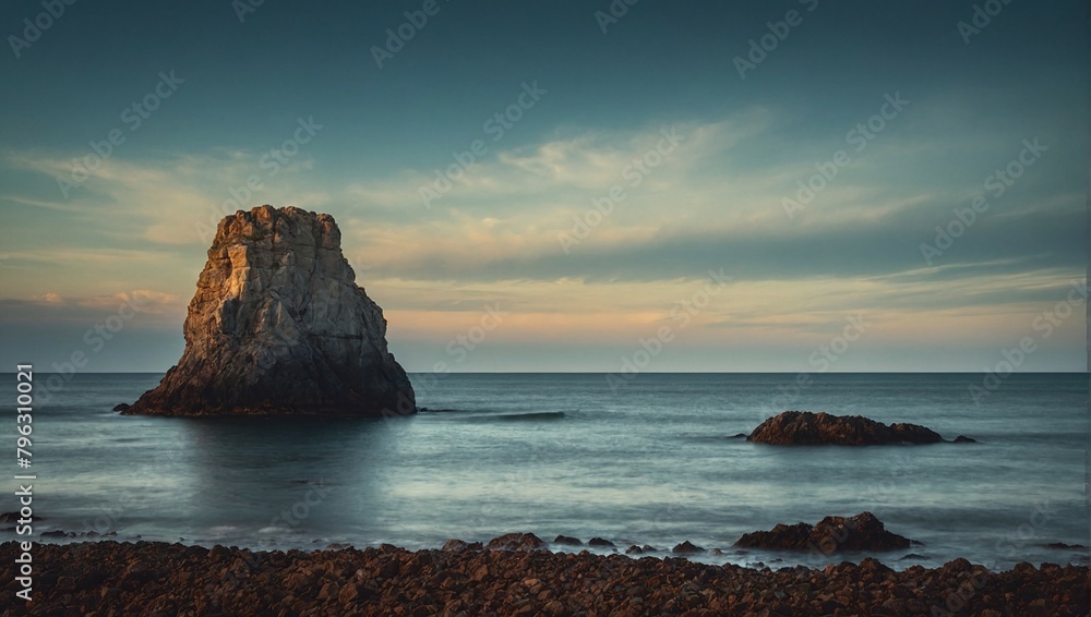 a lonely high rock like an island stands near the shore of a calm, quiet sea a lonely high rock like an island stands near the shore of a calm, quiet sea