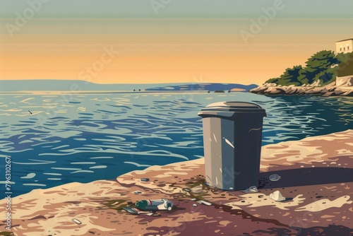 A trash can sitting on the beach, suitable for environmental themes
