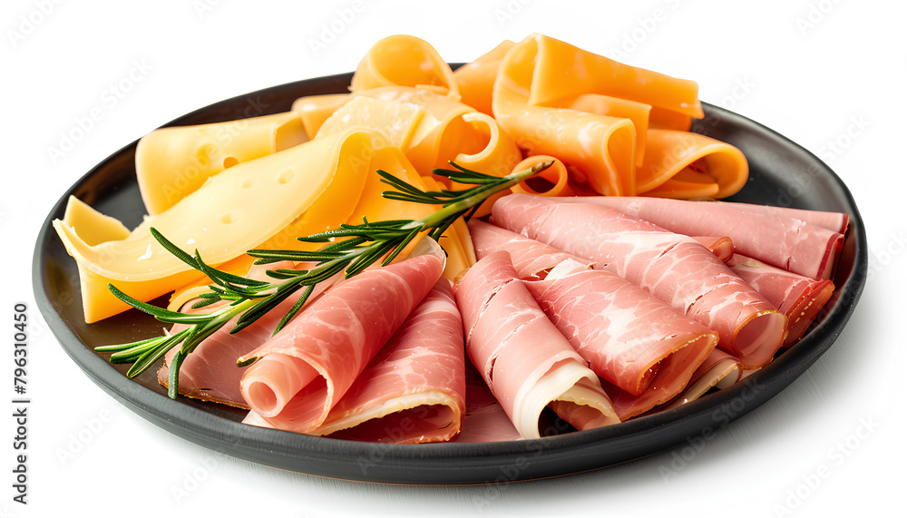 Plate with tasty slices of ham, rosemary and cheese isolated on white background - obrazy, fototapety, plakaty 