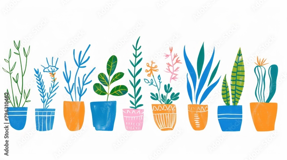 Colorful Ink Drawings of Plants in Pots with Blue Line Work on White Background, Hand-Drawn and Woodcut Print Style Illustration. Colorful Ink Drawings of Plants in Pots with Blue Line Work on White Background, Hand-Drawn and Woodcut Print Style Illustration.