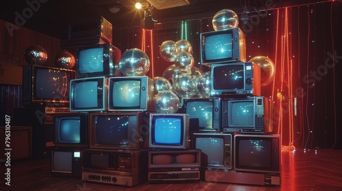 a stack of vintage 1980s CRT TVs and disco balls on the dance floor at Studio 54, film photography, kodachrome 