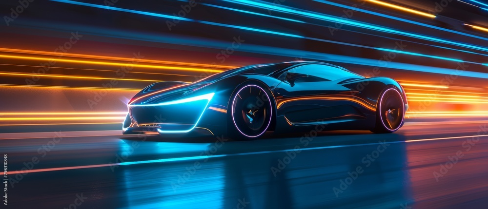 Futuristic Car in Motion with Neon Lights and Concept Design, Dynamic Light Trails at Night