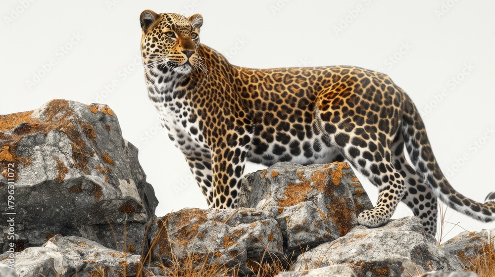 Fototapeta premium A leopard is standing on a rock, looking at the camera