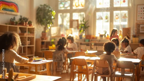 a photo of a multiracial Montessori classroom, depicting a realistic representation of children engaged in various educational activities within the inclusive and diverse learning environment.