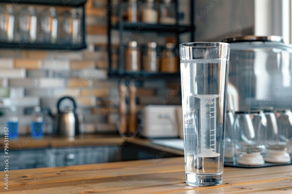 A glass of water sitting on top of a wooden counter. Perfect for kitchen or hydration concepts A glass of water sitting on top of a wooden counter. Perfect for kitchen or hydration concepts