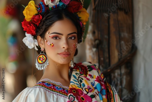 A woman wearing a colorful Mexican dress with flowers in her hair. Perfect for cultural events #796311840