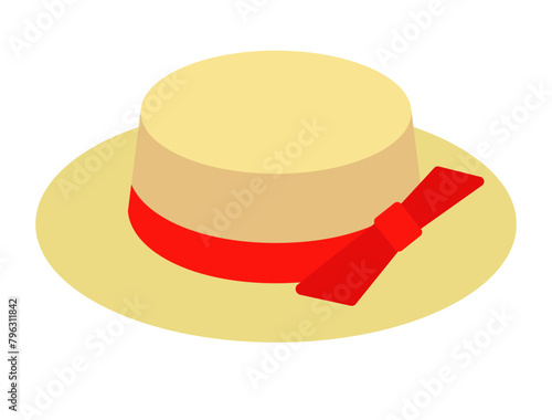 Women's hat with red ribbon and bow isolated on white background. Straw hat, yellow beach accessory and summer traditional agricultural rural headdress.