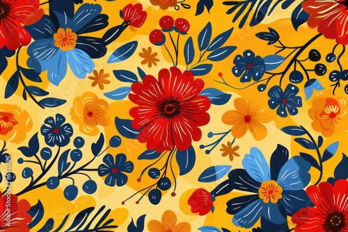 Vibrant yellow background with red  blue  and yellow flowers. Perfect for spring or summer-themed designs