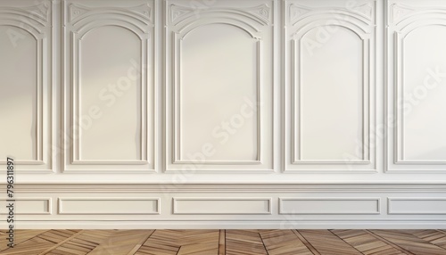 Neutral classic wall backdrop with copy space  room mockup  brown parquet flooring