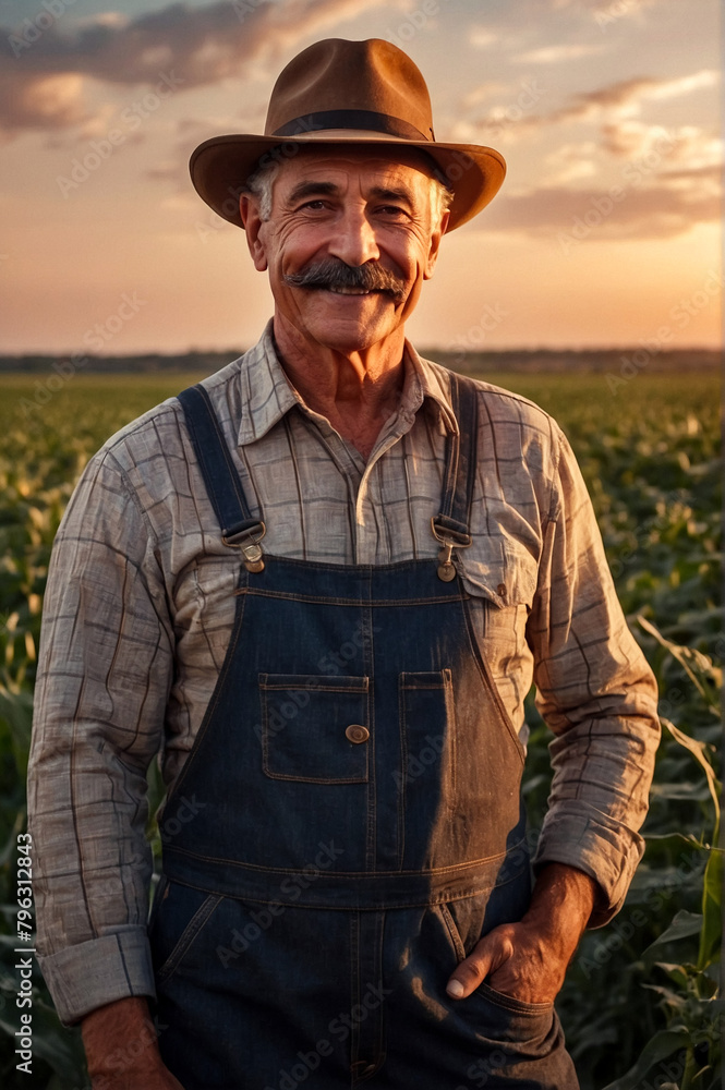 Portrait of old handsome man farmer with mustache in agricultural field at sunset, smile looking at camera. Rural worker smiling pleasant on countryside field. Good harvest concept. Copy ad text space