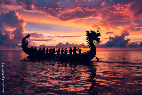 Generative AI Image of Silhouette of Chinese People Paddling Dragon Boat in Cultural Festival at Sunset