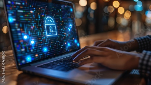 Cybersecurity: A photo of a person typing on a laptop with a secure lock icon on the screen