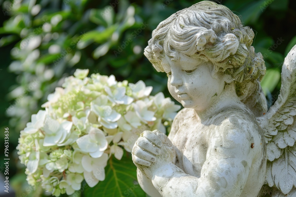 A serene angel statue holding a delicate flower. Perfect for memorial or religious themes A serene angel statue holding a delicate flower. Perfect for memorial or religious themes
