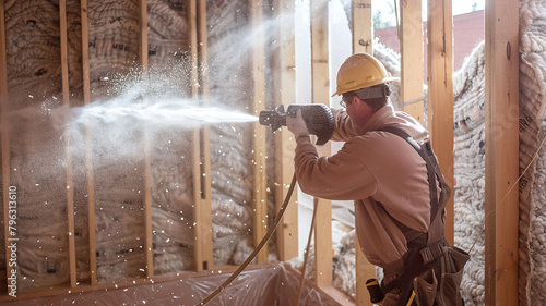 Shot of worker blowing loosefill insulation into wall cavity.generative ai photo