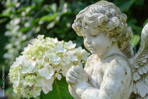 A serene angel statue holding a delicate flower. Perfect for memorial or religious themes