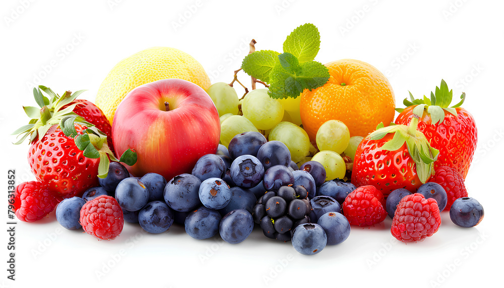Group of juicy fruits and berries on white background Group of juicy fruits and berries on white background