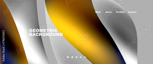 A geometric background featuring a gray, yellow, and blue gradient, inspired by automotive lighting, tires, rims, and wheels. The design includes circles and metallic elements