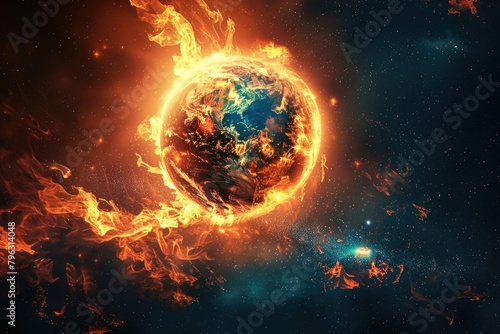 A stunning image of a planet with flames shooting out of it. Ideal for science fiction and fantasy concepts photo