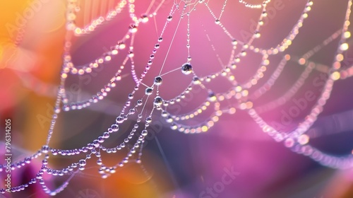 Rainbow Dewdrops on Spiderweb Macro Vibrant Bokeh.
