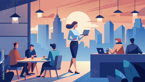 Back in the city the digital nomad attends a networking event at a trendy rooftop bar. Surrounded by other nomads and locals she finds potential