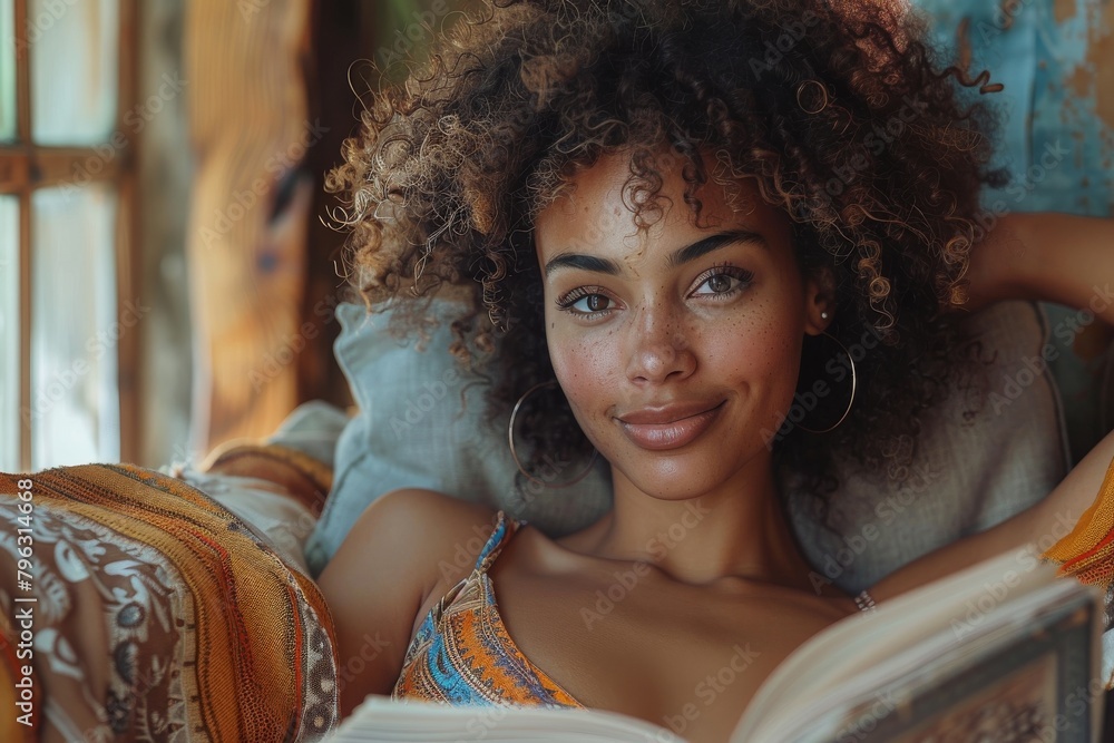 A cozy image showcasing a relaxed woman with curly hair reading a book, radiating calm and comfort A cozy image showcasing a relaxed woman with curly hair reading a book, radiating calm and comfort