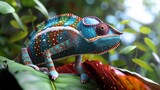A colorful chameleon is sitting on a leaf