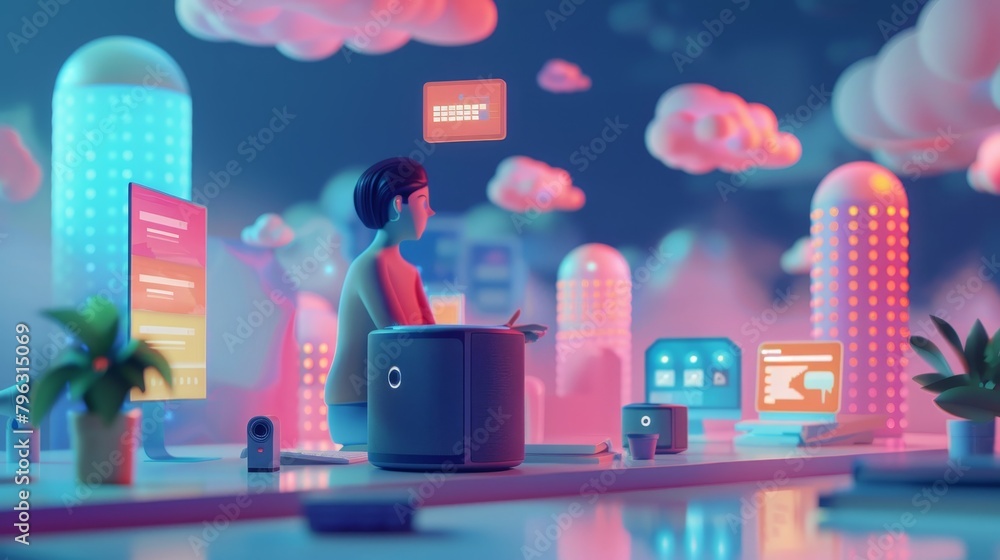Remote Work and Collaboration: A 3D vector illustration of a person using a smart speaker