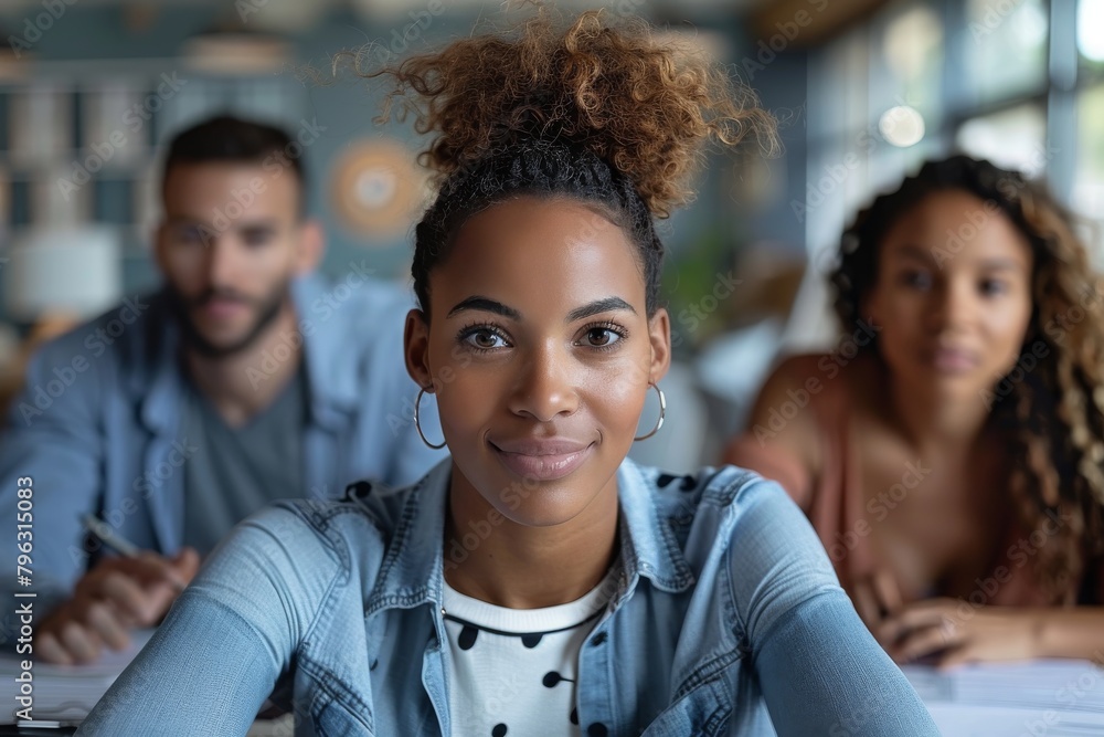 A confident woman leads an engaging team meeting, conveyed through her commanding presence and the attentive team members A confident woman leads an engaging team meeting, conveyed through her commanding presence and the attentive team members