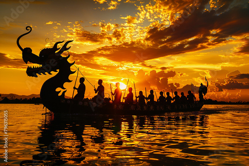 Generative AI Image of Silhouette of Chinese People Paddling Dragon Boat in Cultural Festival at Golden Sunset