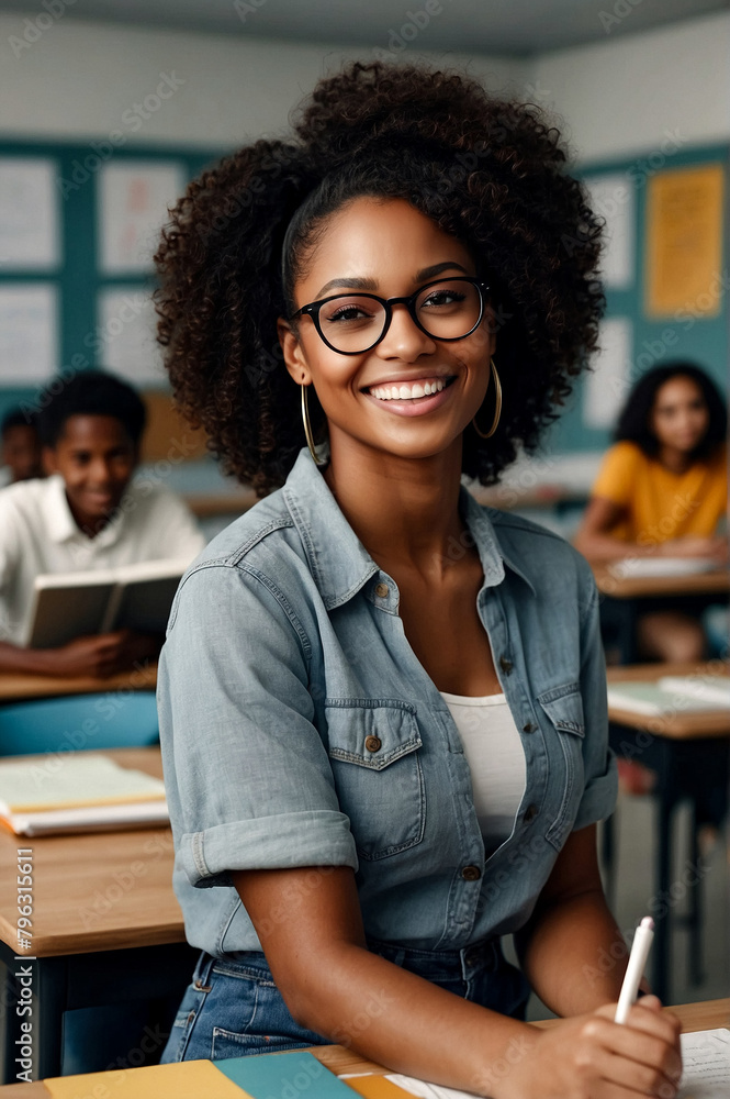 Portrait of teacher black woman in middle school at classroom with ...