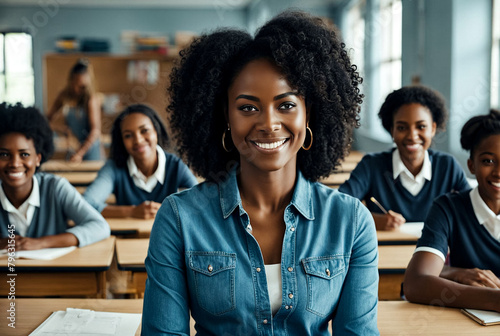 Portrait of teacher black woman in middle school at classroom with learning students, look at camera. Proud lady educator with children, smiles pleasantly. Study education concept. Copy ad text space photo
