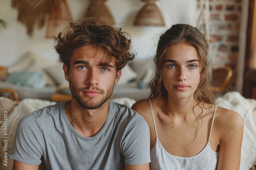 A relaxed young couple sits together in a boho-style setting with neutral toned decor A relaxed young couple sits together in a boho-style setting with neutral toned decor