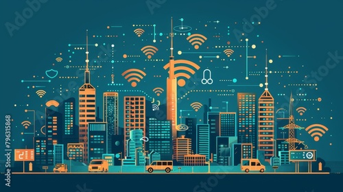 Wireless Technology  A vector illustration of a city with 5G towers