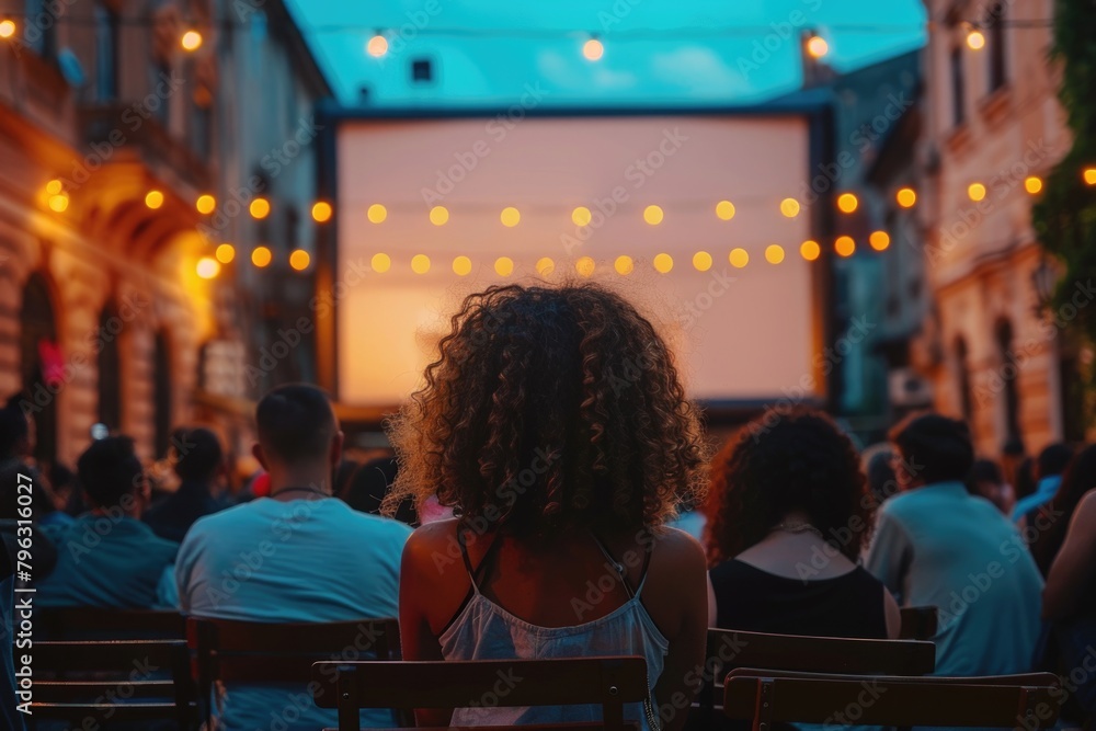 people watching outdoor cinema, big screen show. view from behind. ai generated people watching outdoor cinema, big screen show. view from behind. ai generated