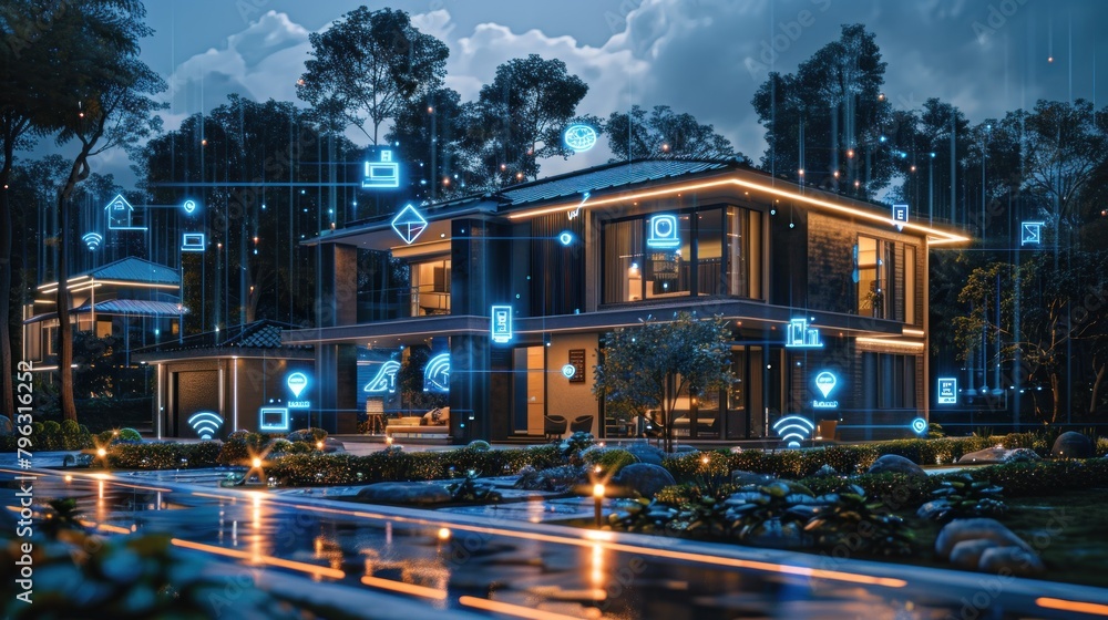 Smart home with connected devices and energy-saving icons. Road with trees and smart lighting in hyper-realistic style.