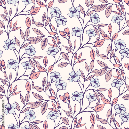 Pastel abstract artistic floral stems intertwined in a seamless pattern. Blooming creative wild branches with small leaves, ditsy flowers, buds printing. Vector hand drawn. Template for designs