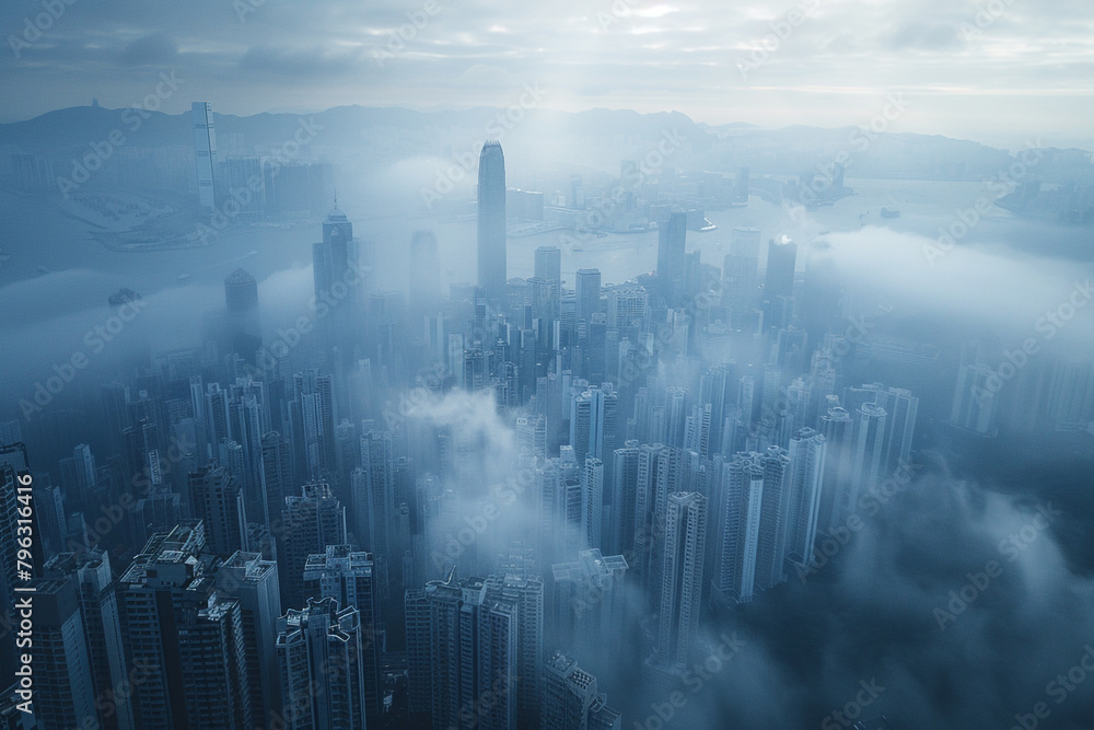 Aerial view of buildings in Hong Kong in the mist Aerial view of buildings in Hong Kong in the mist