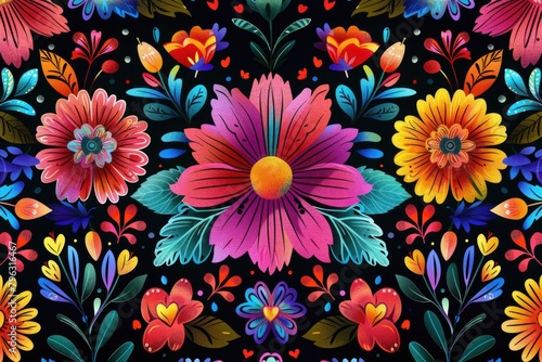 Vibrant flowers and hearts on a dark backdrop, perfect for various design projects