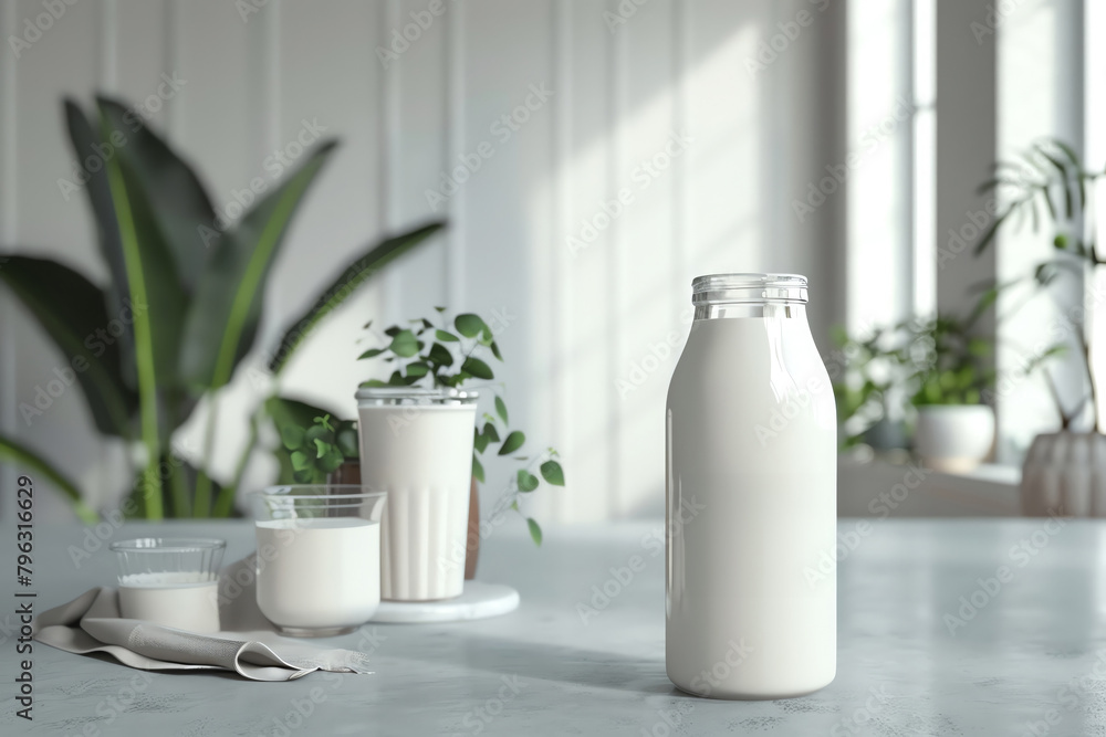 Premium vegan milk selection, luxury setting, text area for branding, soft focus background Premium vegan milk selection, luxury setting, text area for branding, soft focus background