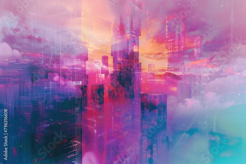 A digital painting of a city skyline with tall skyscrapers. Suitable for urban themed designs