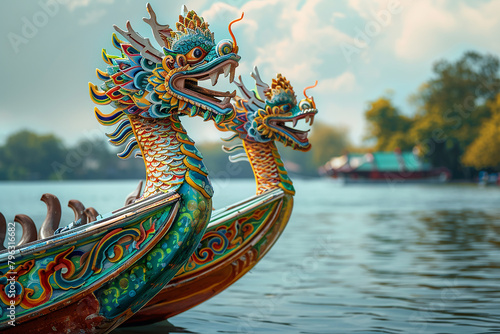 Generative AI Image of Colorful Dragon Boats on the Lake in Chinese Cultural Festival