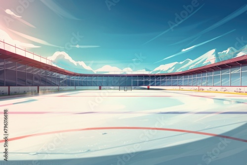 An ice hockey rink with a goalie, suitable for sports and competition concepts