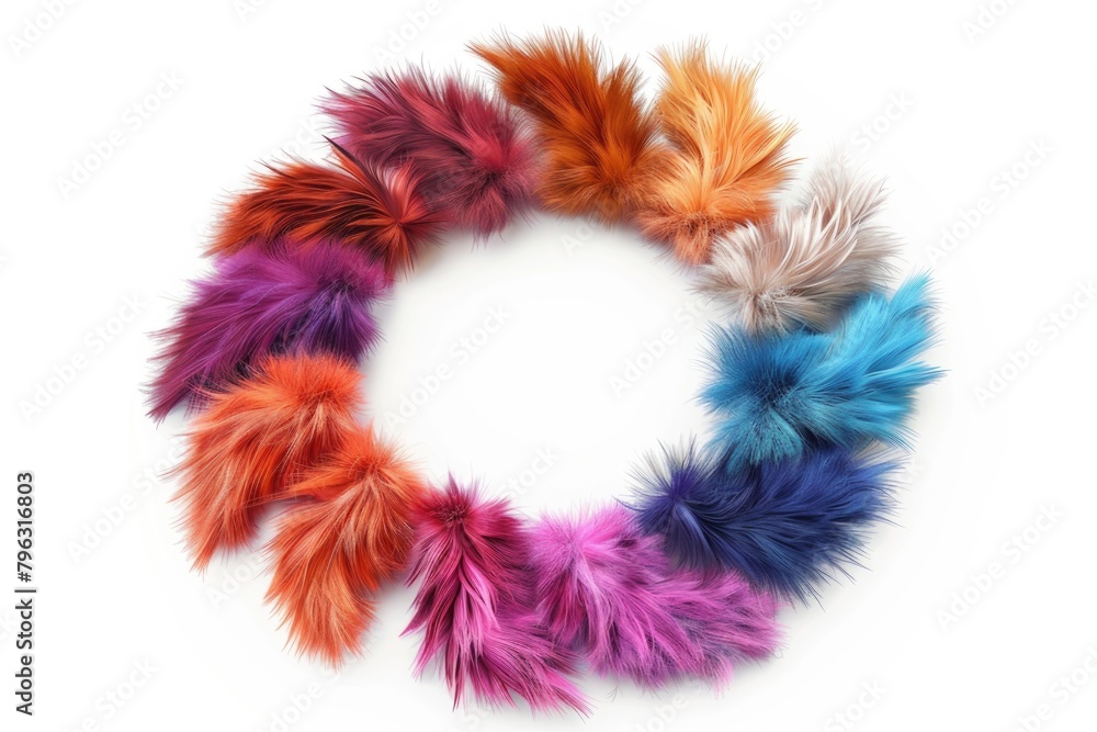 Vibrant circle of feathers on a clean white surface. Perfect for adding a pop of color to any design Vibrant circle of feathers on a clean white surface. Perfect for adding a pop of color to any design