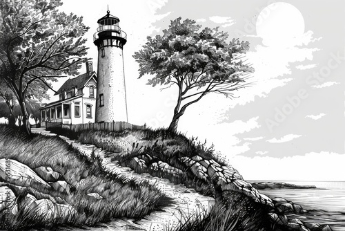 Detailed black and white drawing of a lighthouse, perfect for architectural or nautical themes