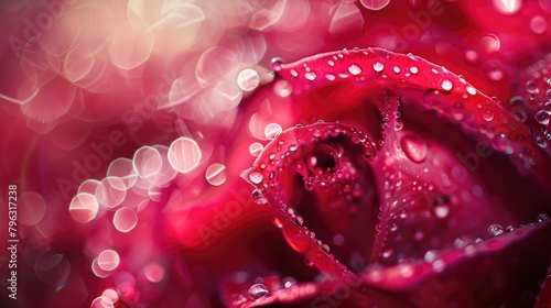 Macro Dewdrops on Vibrant Red Rose Petals Romance.