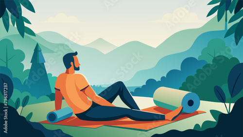 Deep in the forest a lone hiker takes a break to lay on a comfortable mat surrounded by the lush greenery. Using a foam roller he targets