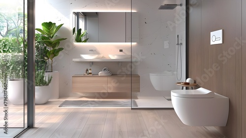 Serene Minimalist Bathroom with Floating Sink and Frameless Glass Shower