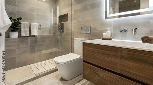 Minimalist and Clean Bathroom Design with Tiled Shower Rectangular Sink and Back to Wall Toilet