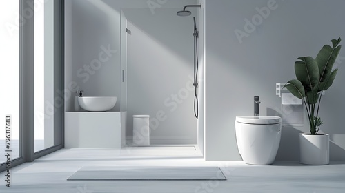Minimalist Oval Toilet and Sink in Serene Corner Shower Bathroom Interior