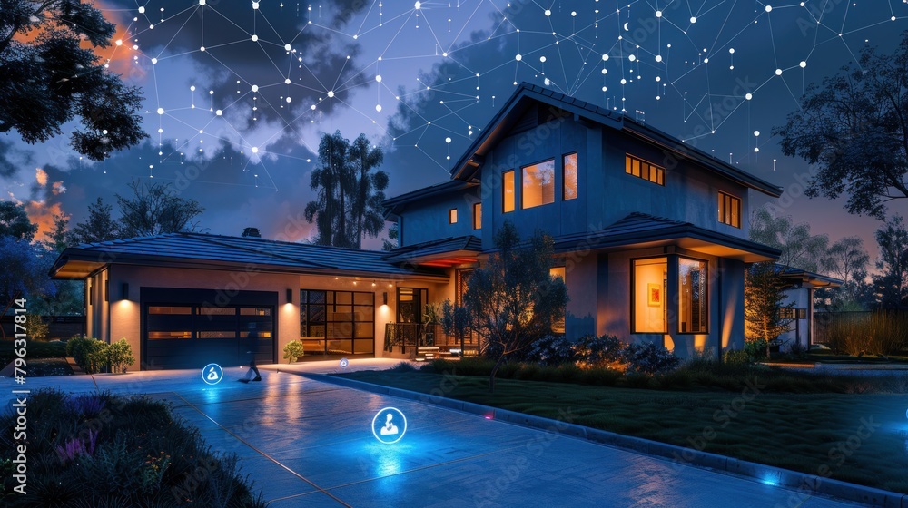 Integration of technology in everyday life: Smart home with connected devices and digital icons. Glowing blue-lit house with energy-efficient symbolism.